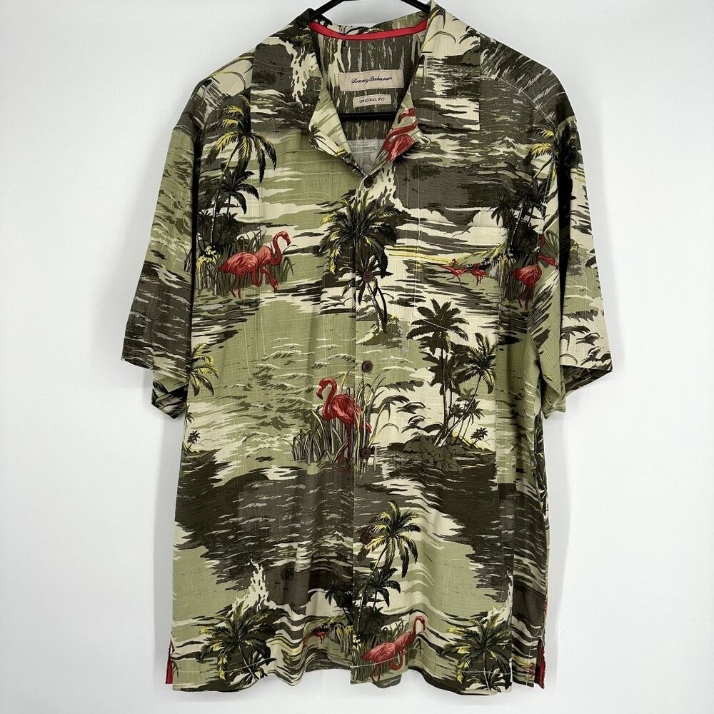 Tommy Bahama Tropical Flamingo Shirt Size Medium 100% Silk Classic Fit